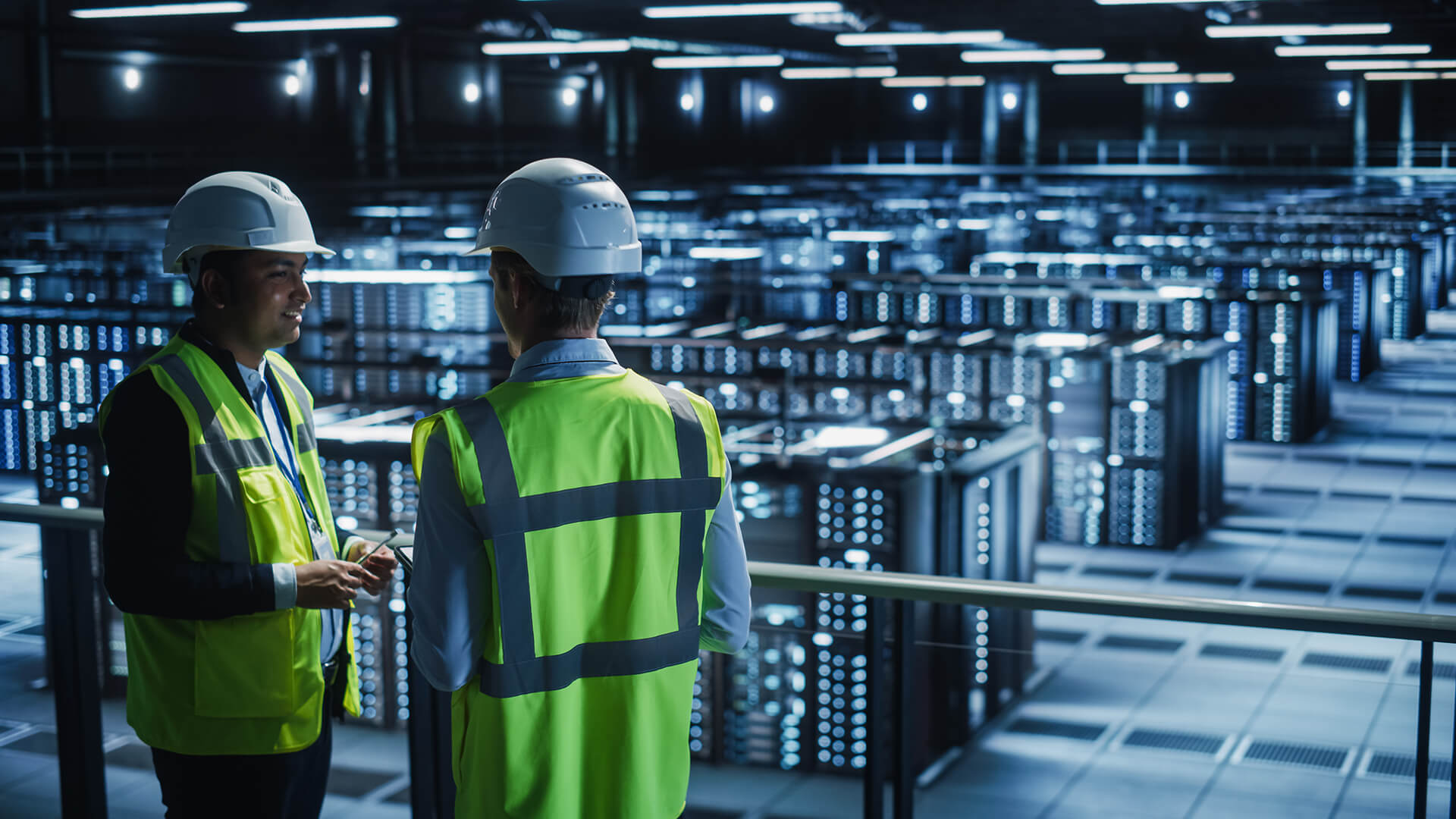 Data center workers discuss the need for specialized workers during an upcoming data center construction project.