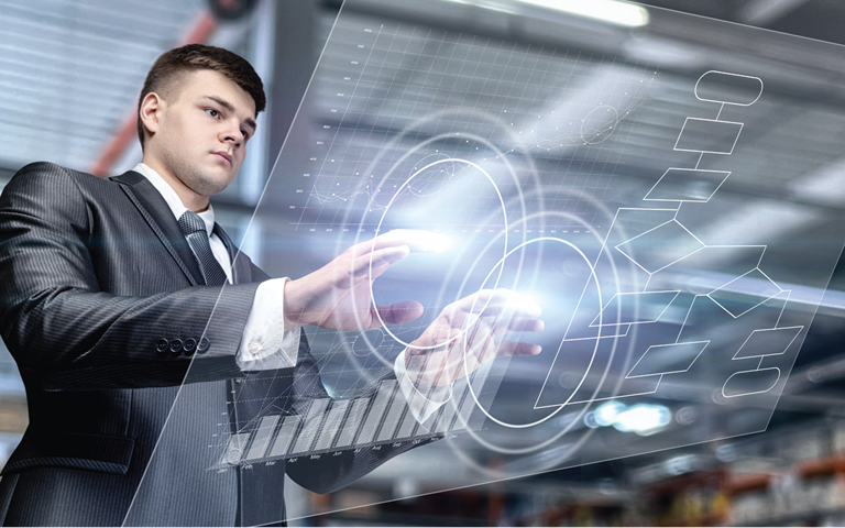 Business man working in flowchart on virtual computer screen